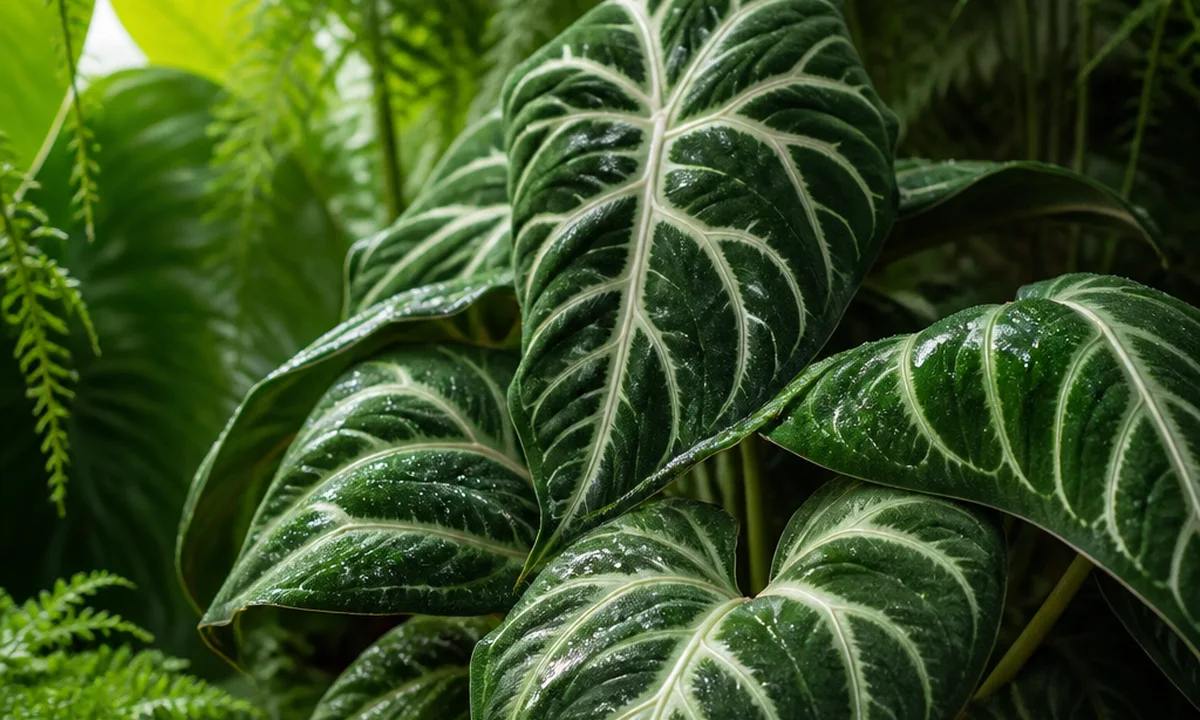 Patterned tropical houseplant leaves layered among lush greenery in soft natural light