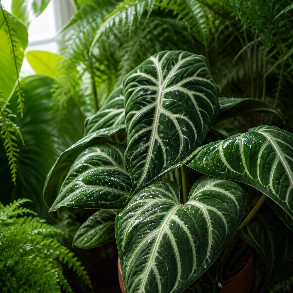 Patterned tropical houseplant leaves layered among lush greenery in soft natural light
